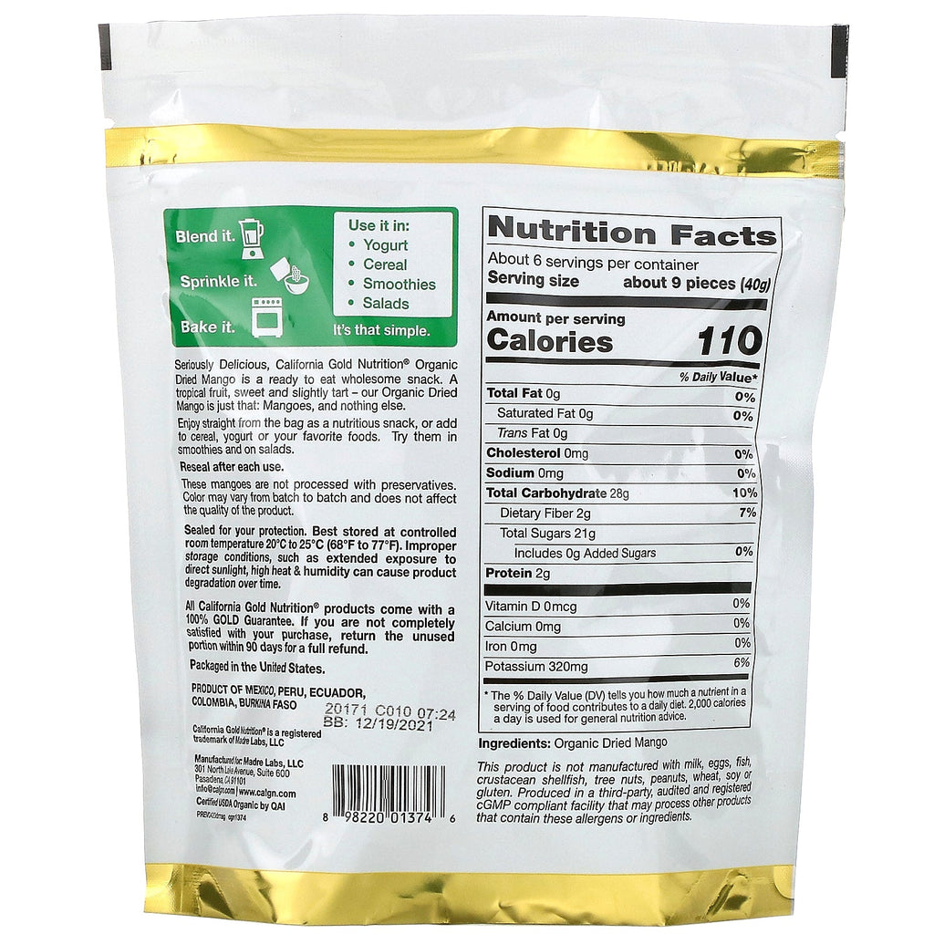California Gold Nutrition, Mango, klar til at spise tørrede skiver, 8 oz (227 g)