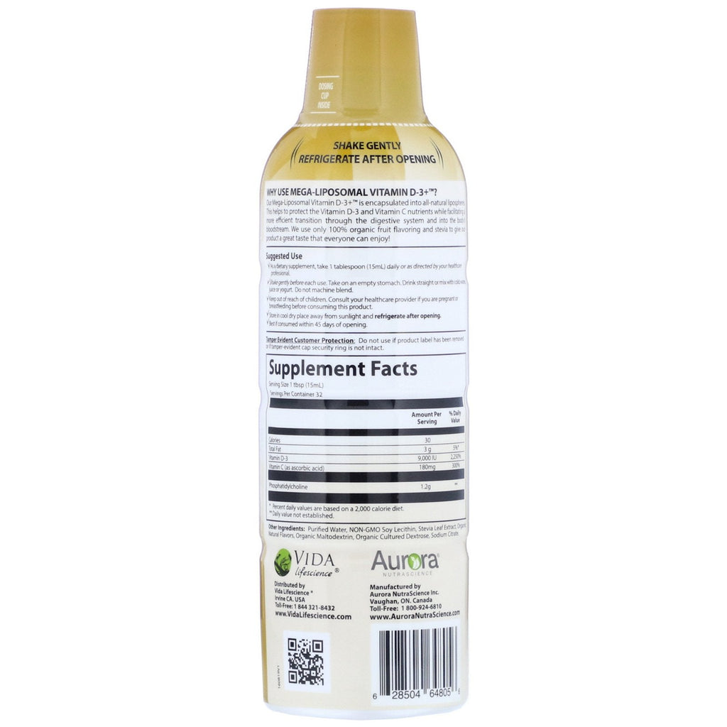 Aurora Nutrascience, Mega-Liposomal Vitamin D3,  Fruit Flavor, 9,000 IU, 16 fl oz (480 ml)
