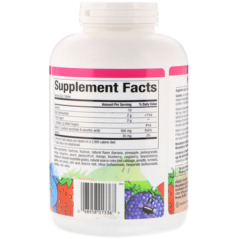 Natural Factors, Vitamina C masticable de frutas 100 % natural, cuatro sabores de frutas mixtas, 500 mg, 180 obleas masticables