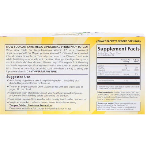 Aurora Nutrascience, Mega-liposomal C-vitamin, 3.000 mg, 32 enkelt-serve væskepakker, 0,5 fl oz (15 ml) hver