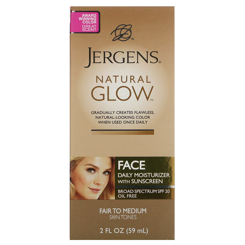 Jergens, Natural Glow, Face Daily Moisturizer, SPF 20, Fair til Medium, 2 fl oz (59 ml)