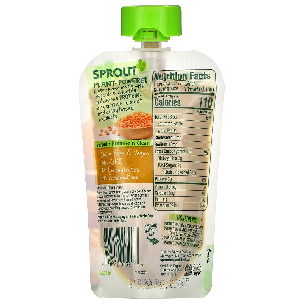 Sprout , Baby Food, 8 Months & Up, Pumpkin, Apple, Red Lentil with Cinnamon, 4 oz (113 g)