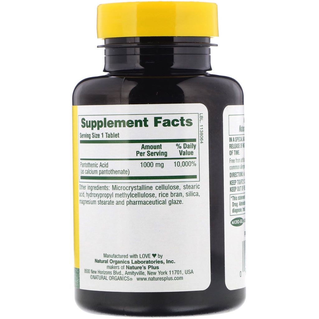 Nature's Plus, Ácido pantoténico, 1000 mg, 60 tabletas