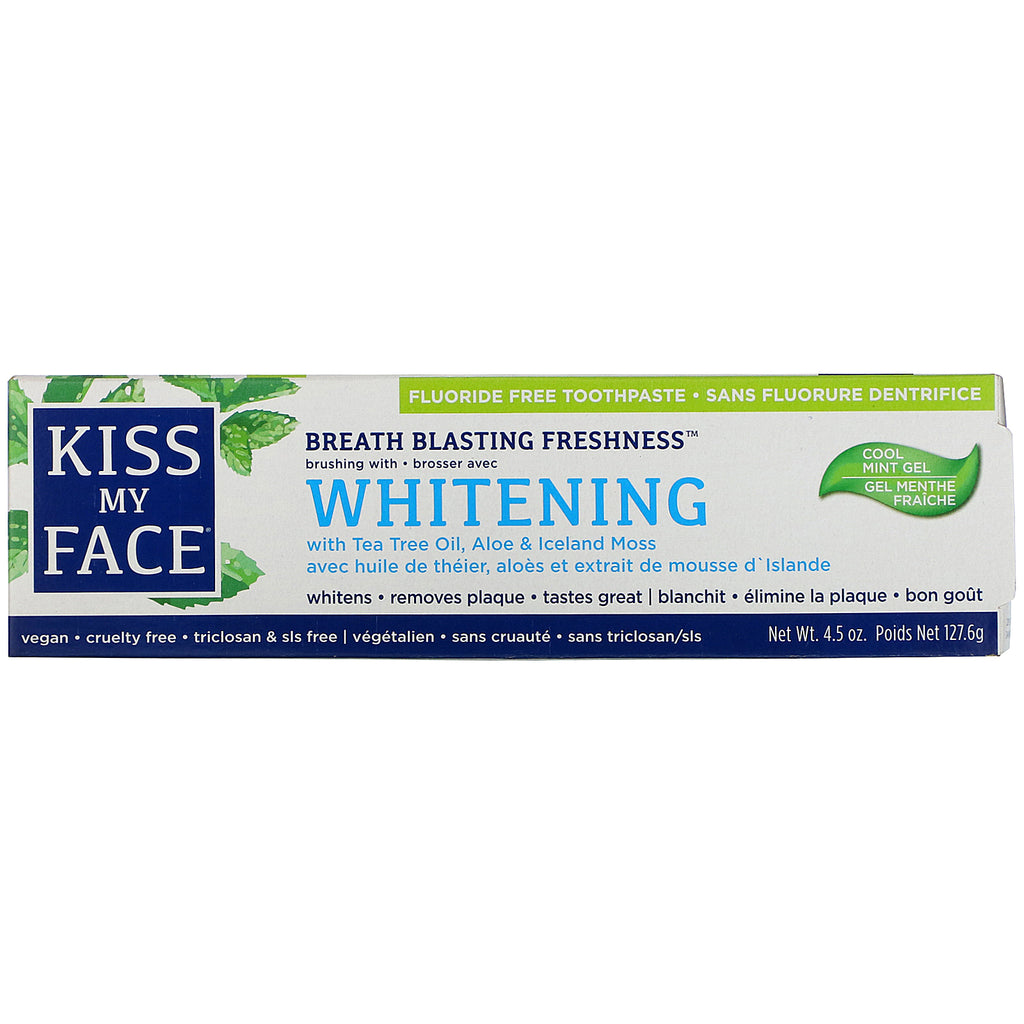 Kiss My Face, Whitening Tandpasta med Tea Tree Oil, Aloe &amp; Island Moss, Fluoridfri, Cool Mint Gel, 4,5 oz (127,6 g)