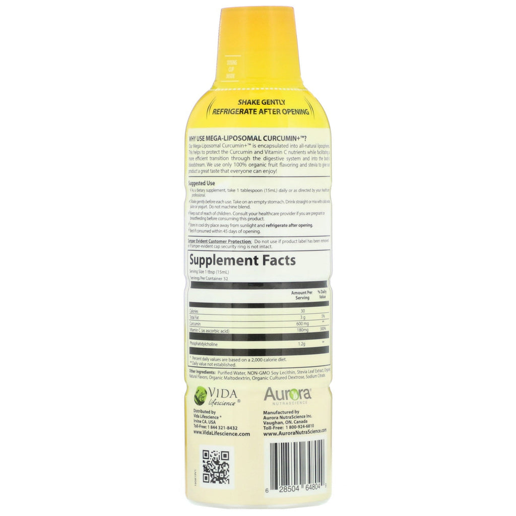 Aurora Nutrascience, Mega-Liposomal Curcumin+, Frugtsmag, 600 mg, 16 fl oz (480 ml)