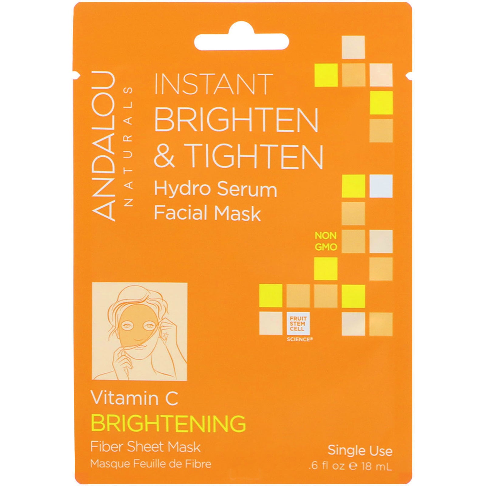 Andalou Naturals, Instant Brighten & Tighten, Hydro Serum Beauty Facial Mask, Brightening, 1 Single Use Fiber Sheet Mask, .6 fl oz (18 ml)