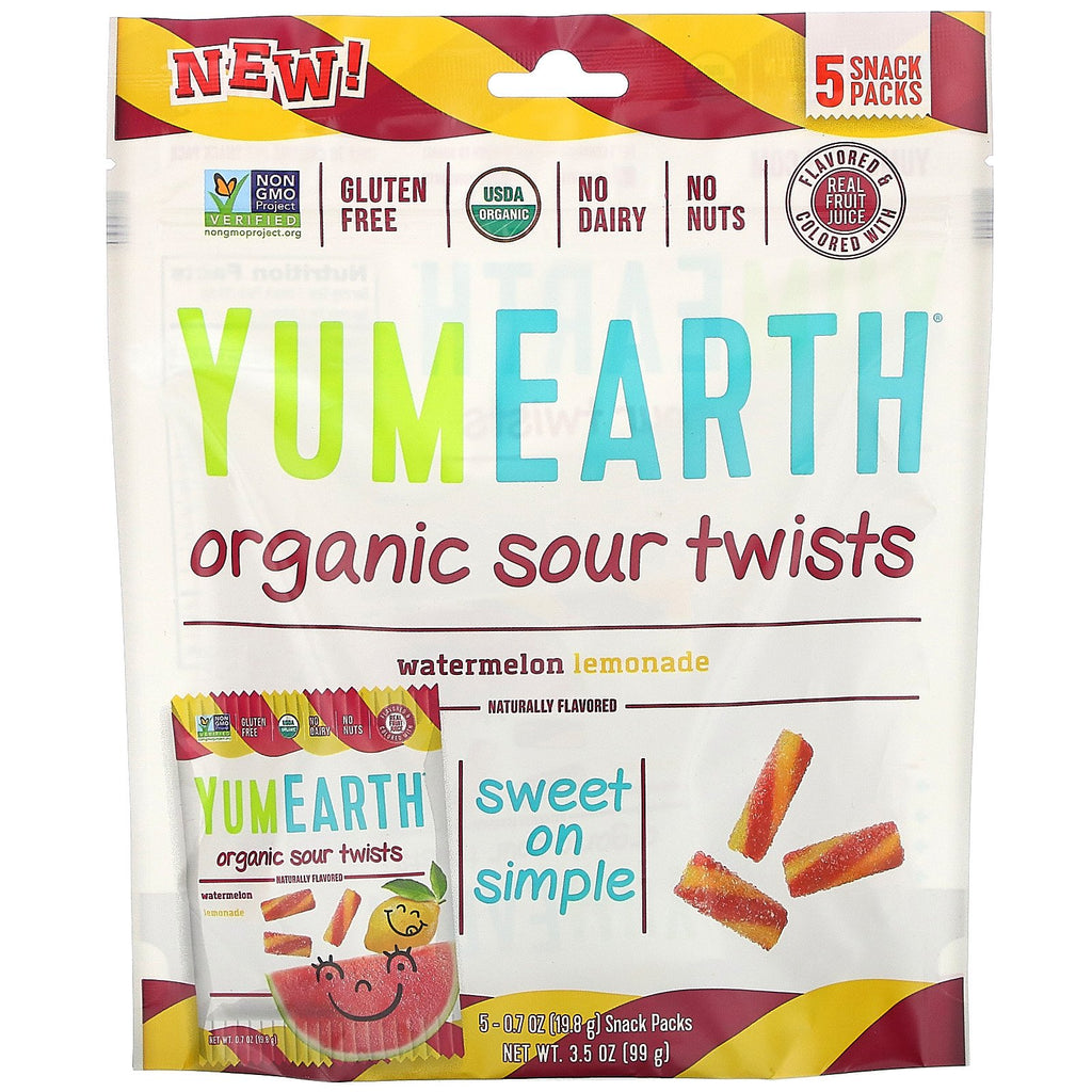 YumEarth, Organic Sour Twists, Watermelon Lemonade, 5 Snack Packs, 0.7 oz (19.8 g) Each