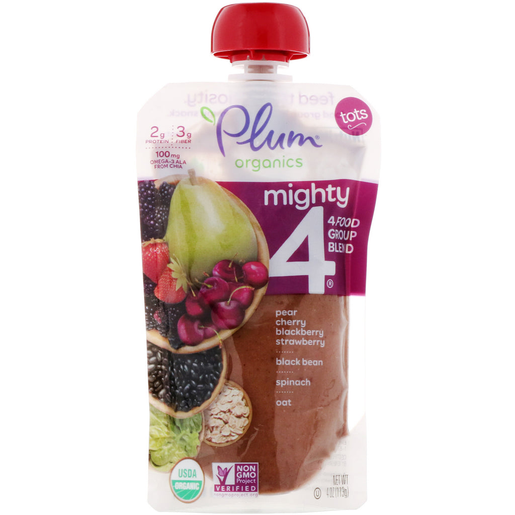 Plum Organics, Tots, Mighty 4, 4 Food Group Blend, Pear, Cherry, Blackberry, Strawberry, Black Bean, Spinach, Oat, 4 oz (113 g)