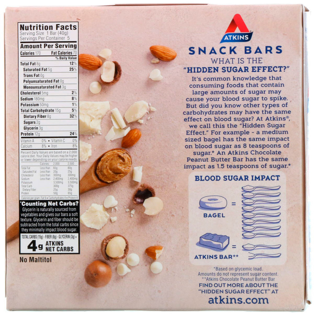 Atkins, Snacks, barra de chocolate blanco y nueces de macadamia, 5 barras, 1,41 oz (40 g) cada una