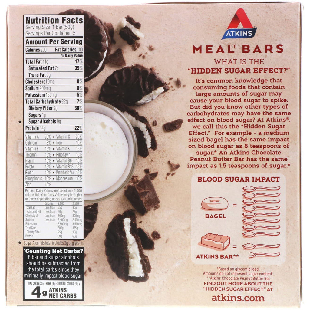 Atkins, barra de comida, barra de galletas y crema, 5 barras, 50 g (1,76 oz) cada una