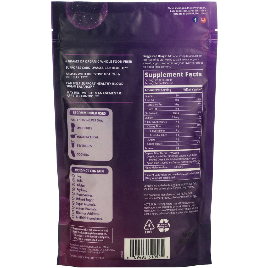 MRM, alimentos integrales, fibra con enzimas y prebióticos, 9,3 oz (256 g)