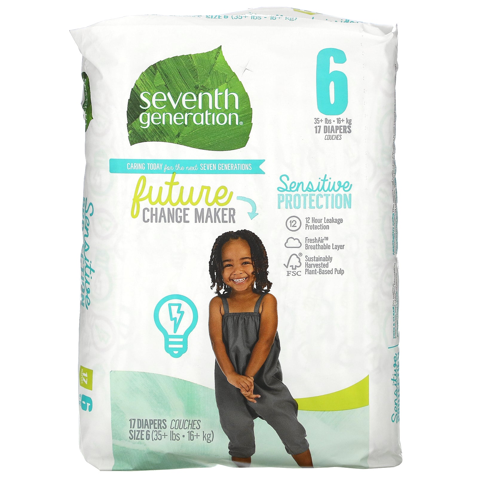 Seventh Generation, Sensitive Protection Diapers, Size 6, 35+ lbs, 17 Diapers