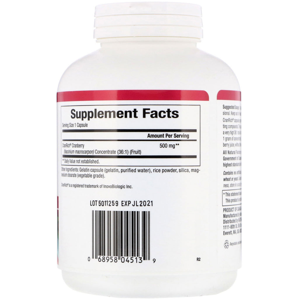Natural Factors, CranRich, Super Strength, concentrado de arándano, 500 mg, 180 cápsulas