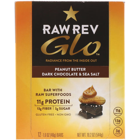 Raw Rev, Glo, mantequilla de maní, chocolate amargo y sal marina, 12 barras, 1,6 oz (46 g) cada una