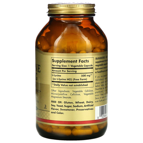 Solgar, L-lisina, forma libre, 500 mg, 250 cápsulas vegetales
