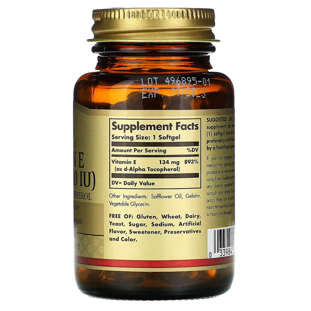 Solgar, vitamina E de fuente natural, 200 UI, 100 cápsulas blandas