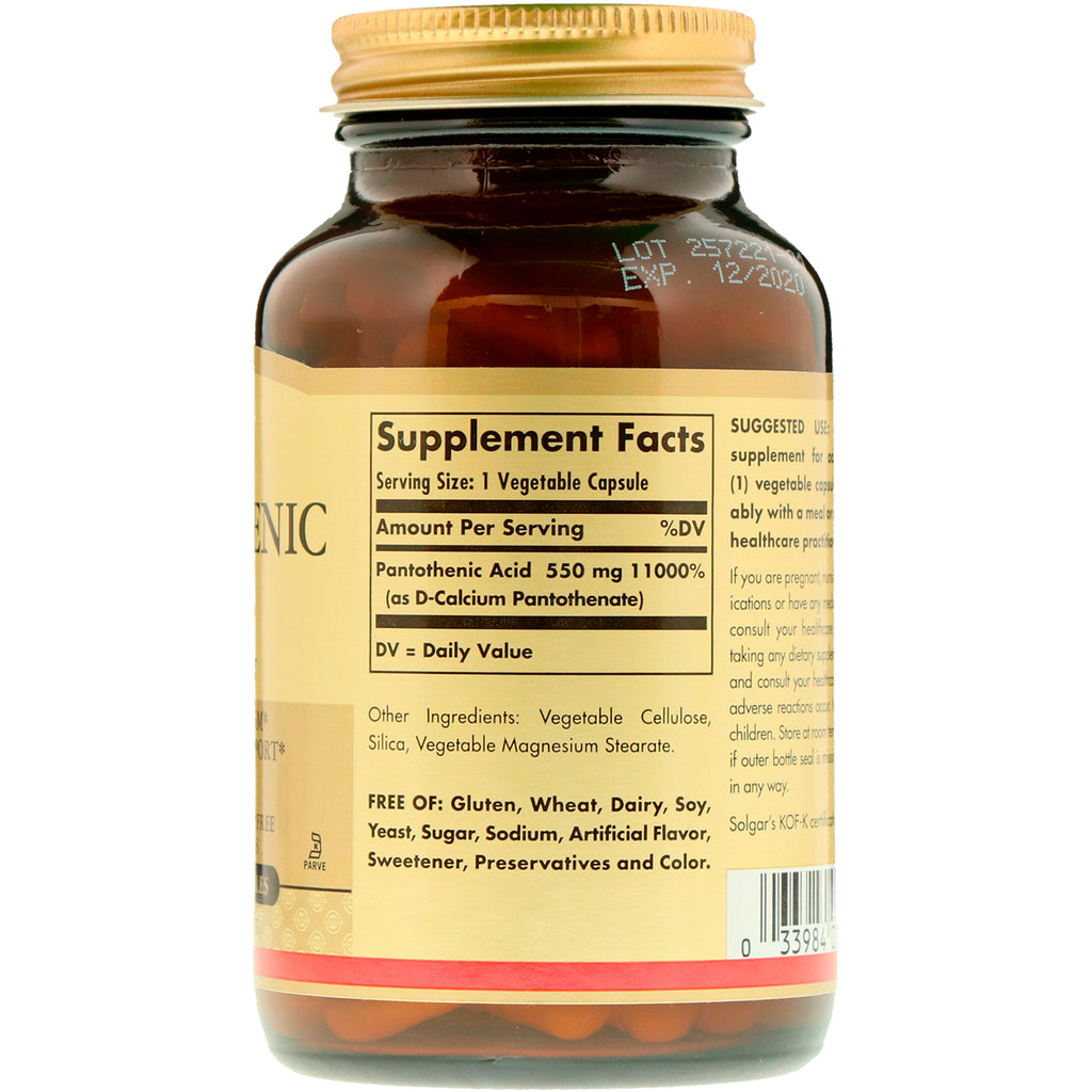 Solgar, Ácido pantoténico, 550 mg, 100 Cápsulas vegetales