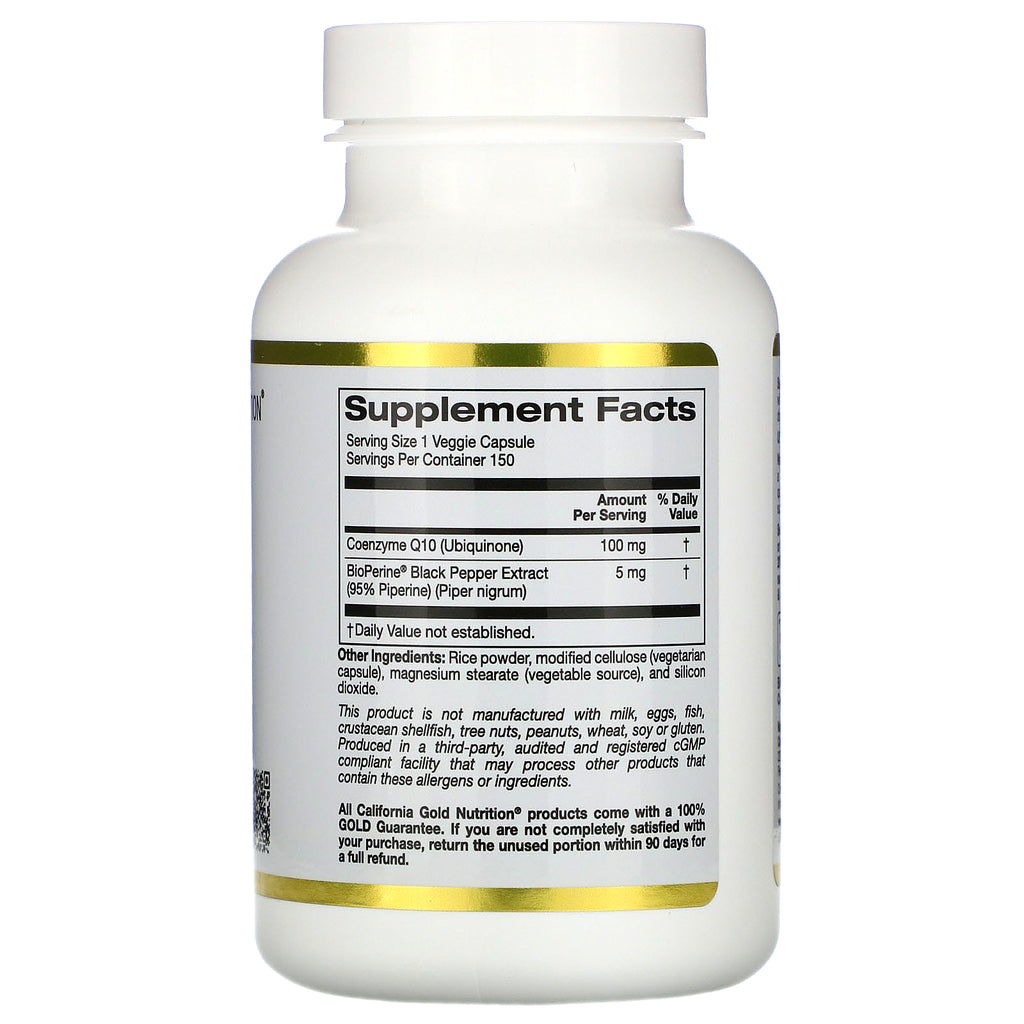 California Gold Nutrition, CoQ10 USP con bioperina, 100 mg, 150 cápsulas vegetales