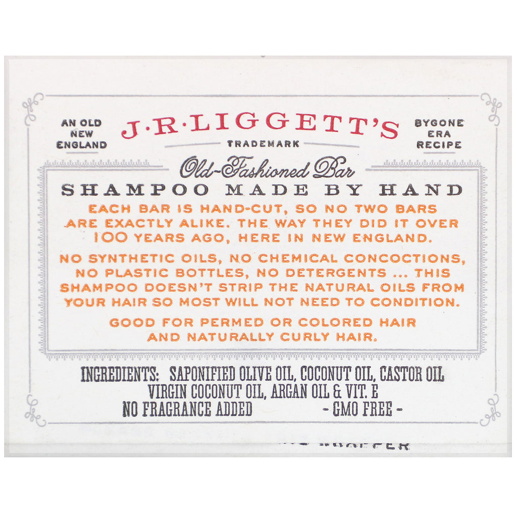 JR Liggett's, gammeldags shampoobar, kokos- og arganolie, 99 g (3,5 oz)
