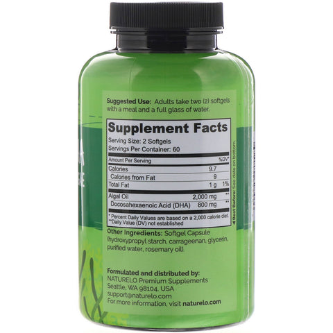 NATURELO, vegansk DHA, Omega-3 fra alger, 800 mg, 120 veganske softgels