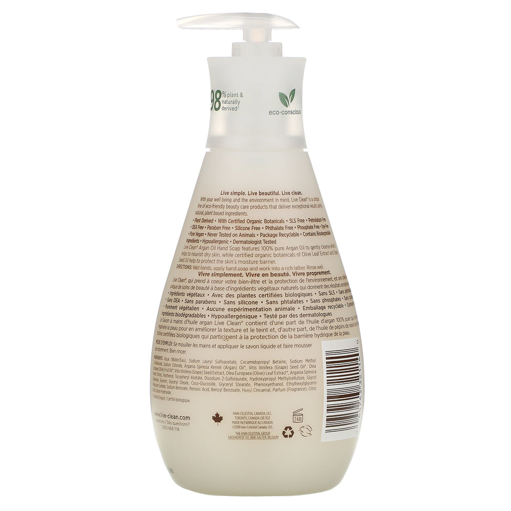 Live Clean, Jabón de manos líquido hidratante, Aceite de argán, 500 ml (17 oz. líq.)