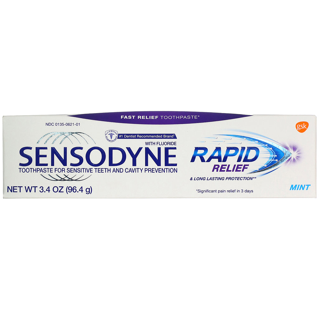 Sensodyne, Pasta dental de alivio rápido con flúor, menta, 96,4 g (3,4 oz)