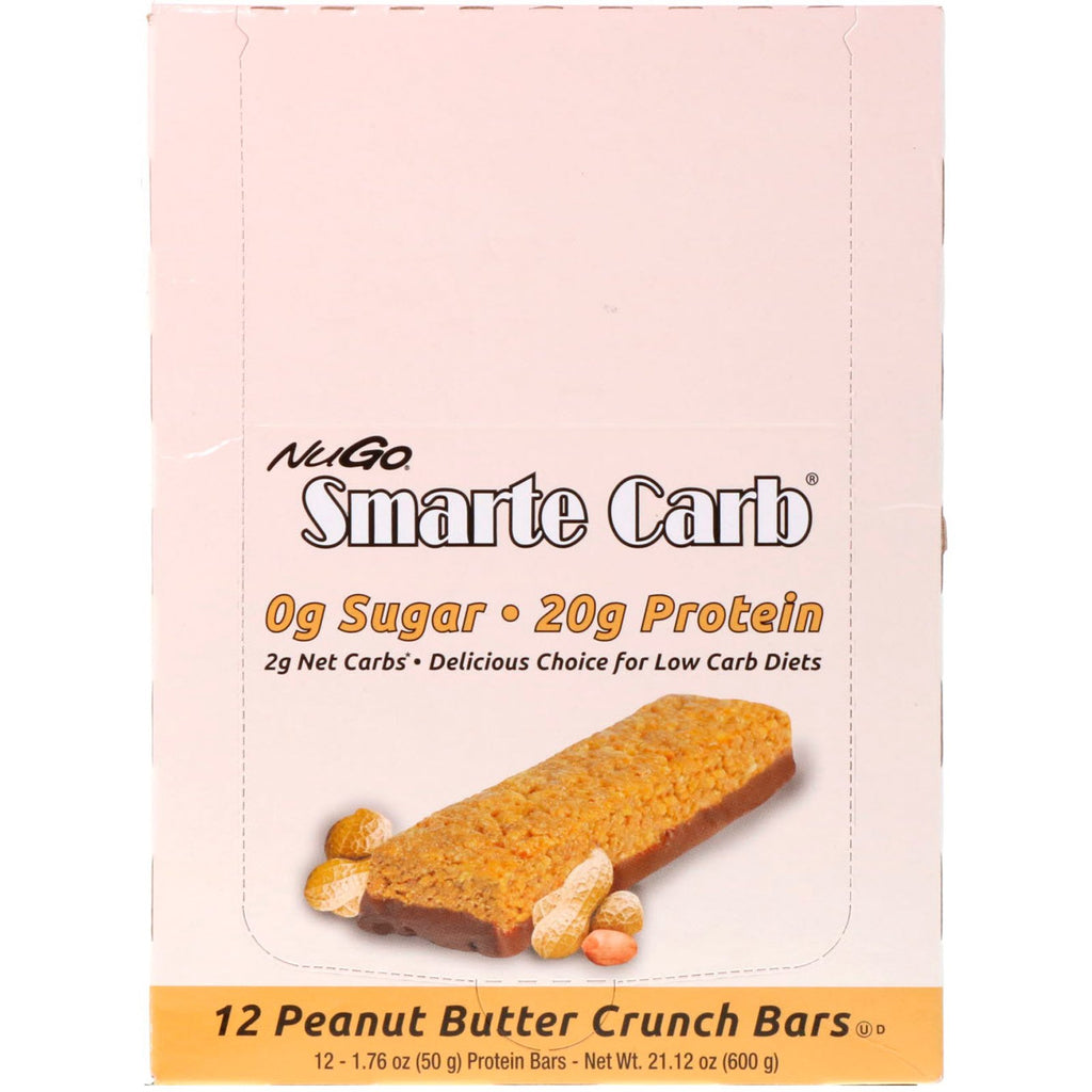 NuGo Nutrition, Smarte Carb Bar, mantequilla de maní crujiente, 12 barras, 1,76 oz (50 g) cada una