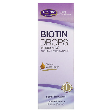 Life-flo, biotindråber, til sundt hår og negle, naturlig vaniljesmag, 10.000 mcg, 2 fl oz (60 ml)