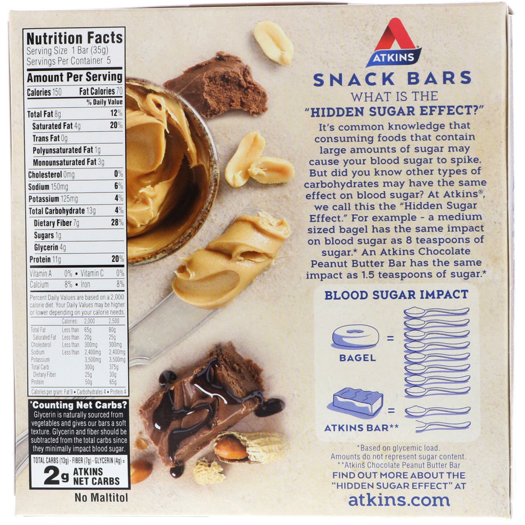 Atkins, Snack, barra crujiente de dulce de azúcar con mantequilla de maní, 5 barras, 35 g (1,2 oz) cada una