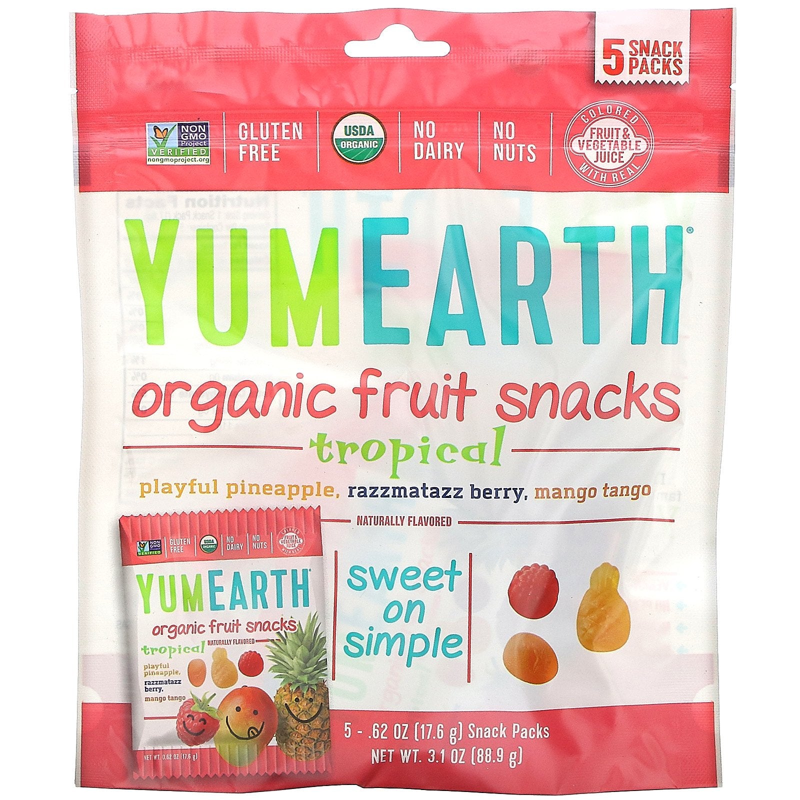 YumEarth, Organic Fruit Snacks, Tropical, 5 Packs, 0.62 oz (17.6 g) Each