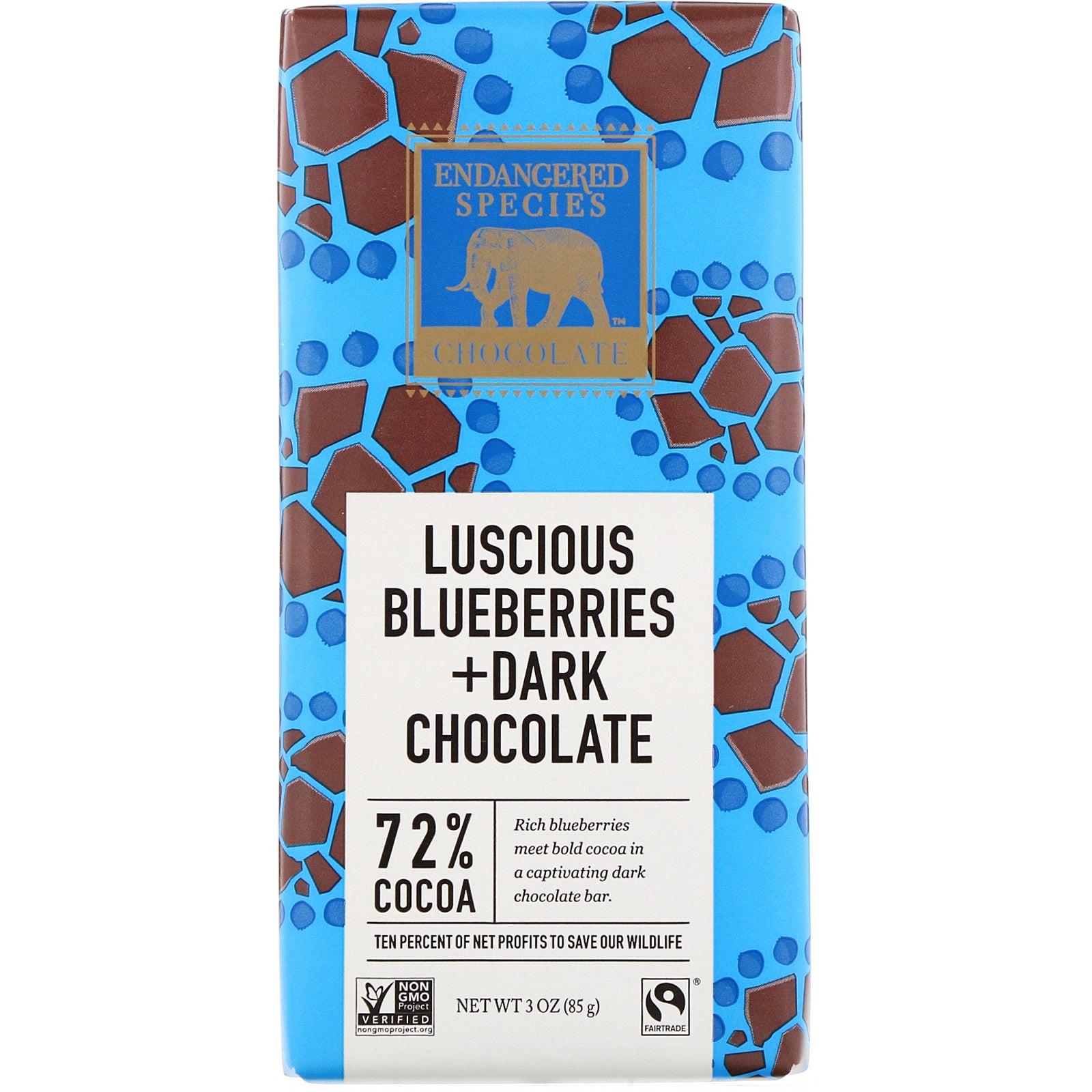 Endangered Species Chocolate, Luscious Blueberries + Dark Chocolate, 72% Cocoa, 3 oz (85 g)
