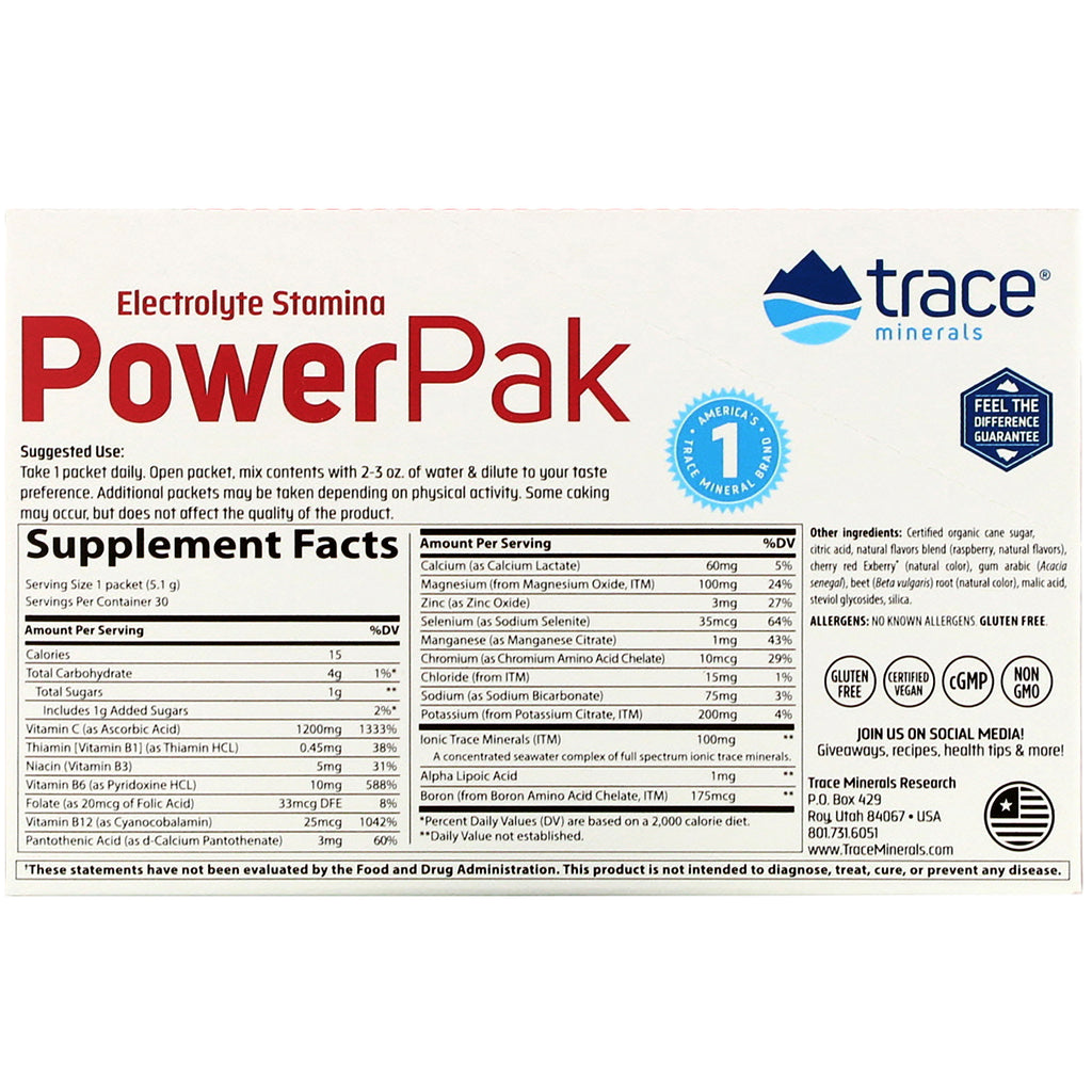 Trace Minerals Research, Electrolyte Stamina PowerPak, frambuesa, 30 paquetes, 0,18 oz (5,1 g) cada uno