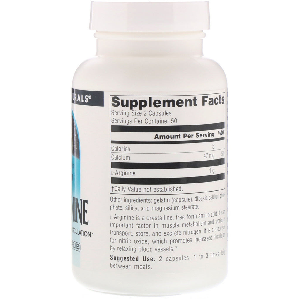 Source Naturals, L-arginin, fri form, 500 mg, 100 kapsler