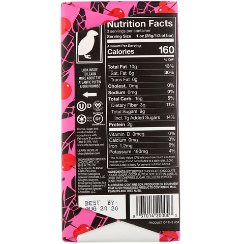 Chokolade fra truede arter, levende kirsebær + mørk chokolade, 72 % kakao, 3 oz (85 g)