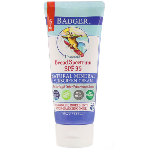Badger Company, Sport, Natural Mineral Sunscreen Cream, SPF 35, Unscented, 2.9 fl oz (87 ml)