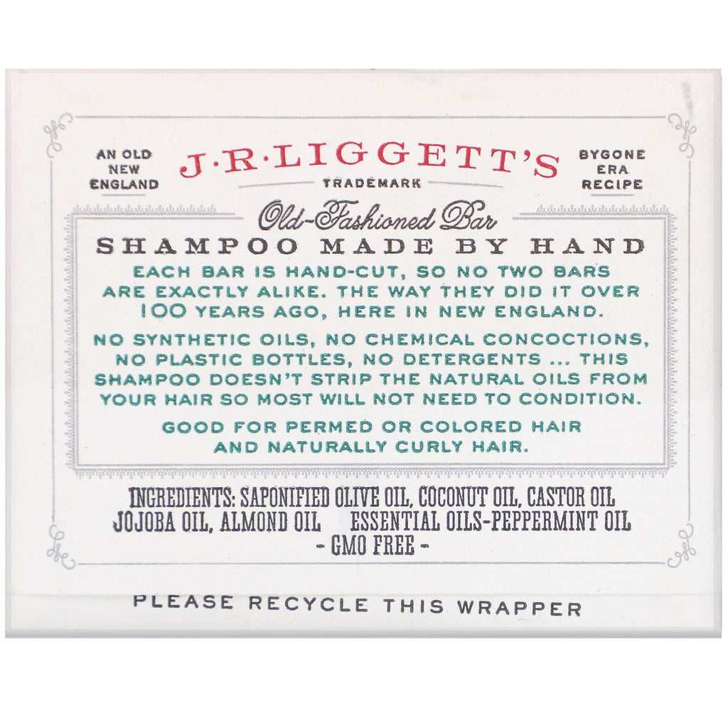 JR Liggett's, gammeldags shampoobar, jojoba og pebermynte, 3,5 oz (99 g)