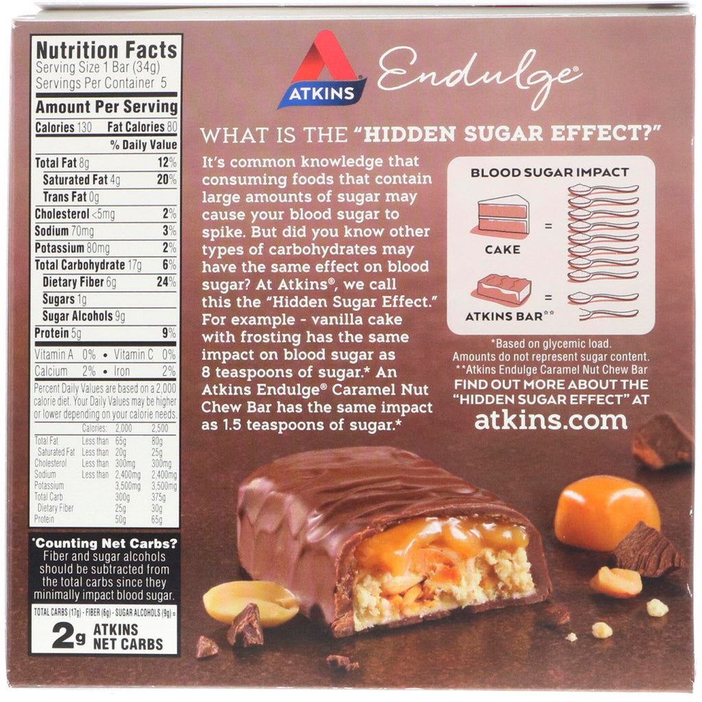 Atkins, Endulge, barra masticable con caramelo y nueces, 5 barras, 34 g (1,2 oz) cada una