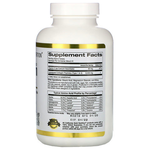 California Gold Nutrition, Péptidos de colágeno hidrolizado + vitamina C, tipos 1 y 3, 250 tabletas
