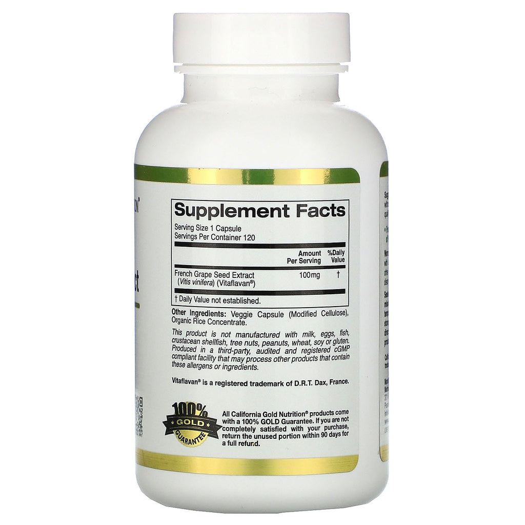 California Gold Nutrition, extracto de semilla de uva francesa, VitaFlavan, polifenol antioxidante, 100 mg, 120 cápsulas vegetales