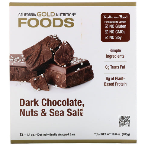 California Gold Nutrition, Alimentos, barras de chocolate amargo, nueces y sal marina, 12 barras, 1,4 oz (40 g) cada una