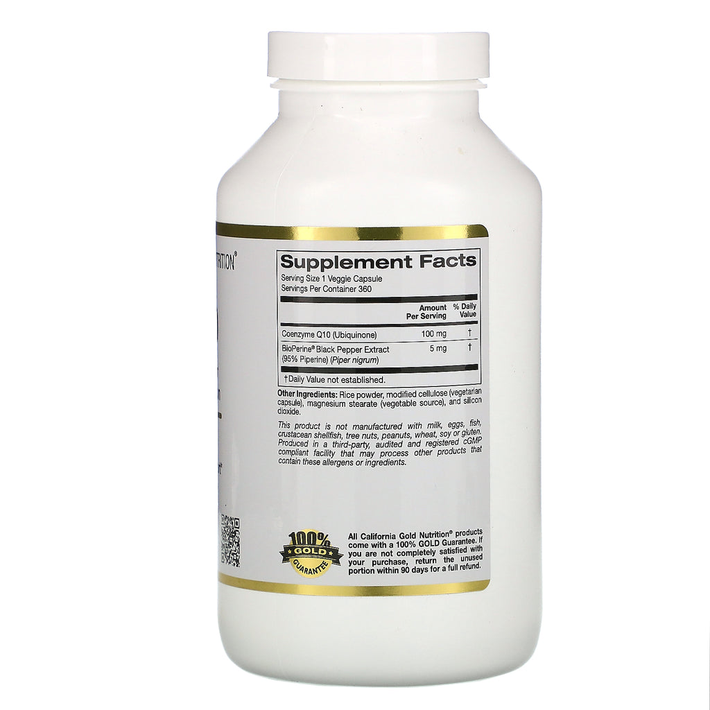 California Gold Nutrition, CoQ10 USP con bioperina, 100 mg, 360 cápsulas vegetales