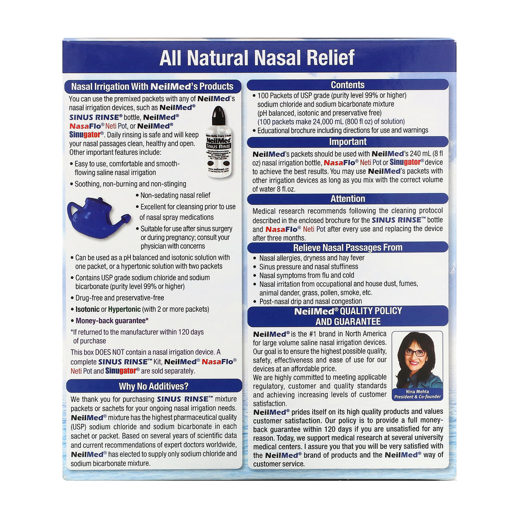 NeilMed, Enjuague sinusal, alivio totalmente natural de los senos nasales, 100 paquetes premezclados