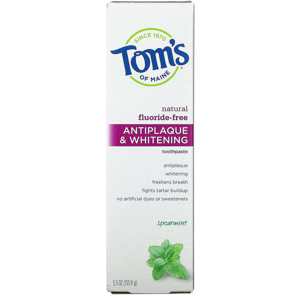 Tom's of Maine, Natural Antiplaque &amp; Whitening Tandpasta, Fluor-fri, Spearmint, 5,5 oz (155,9 g)