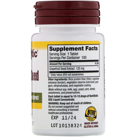 NutriBiotic, extracto de semilla de pomelo, 125 mg, 100 tabletas