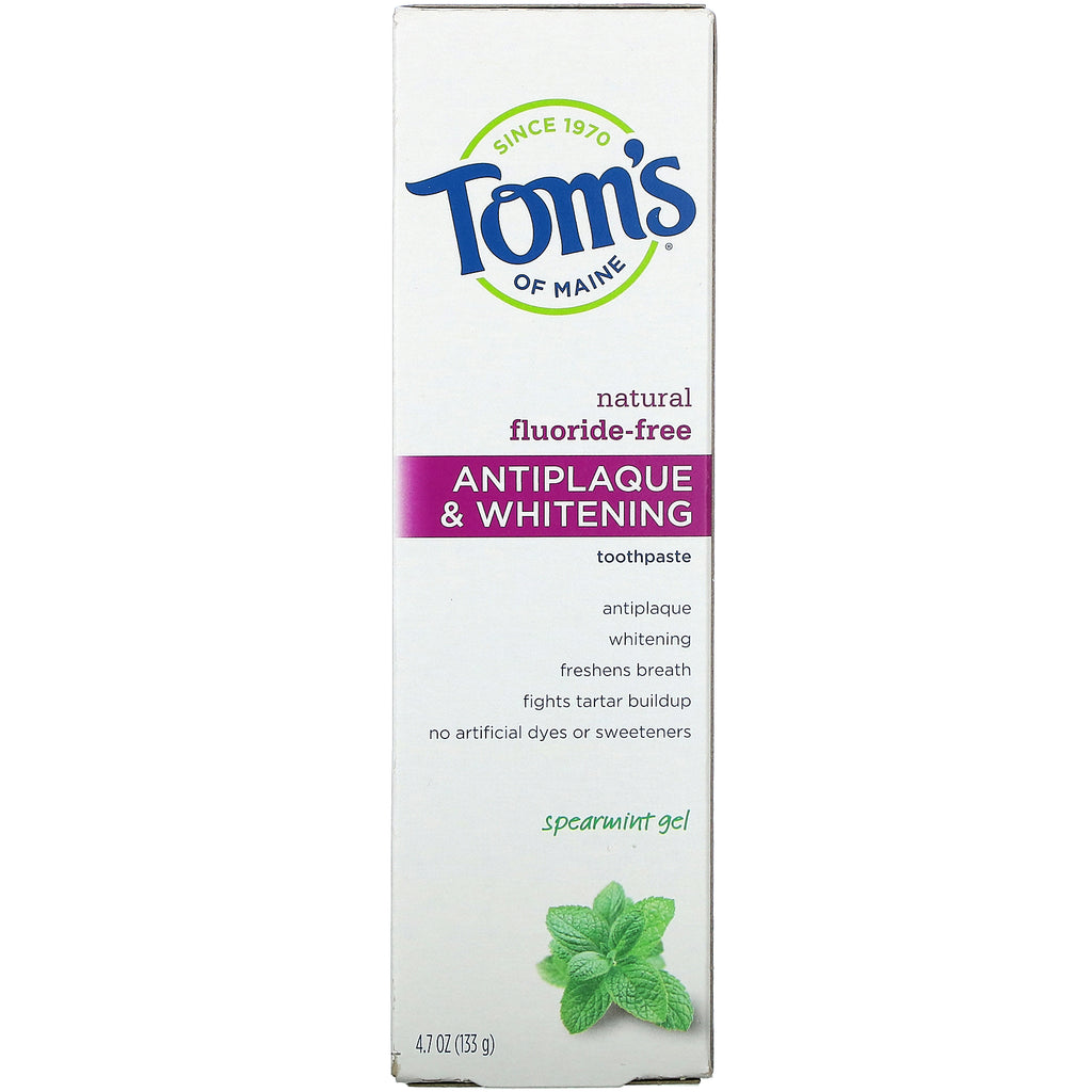 Tom's of Maine, Natural Fluorid-Free Antiplak &amp; Whitening Tandpasta, Spearmint Gel, 4,7 oz (133 g)