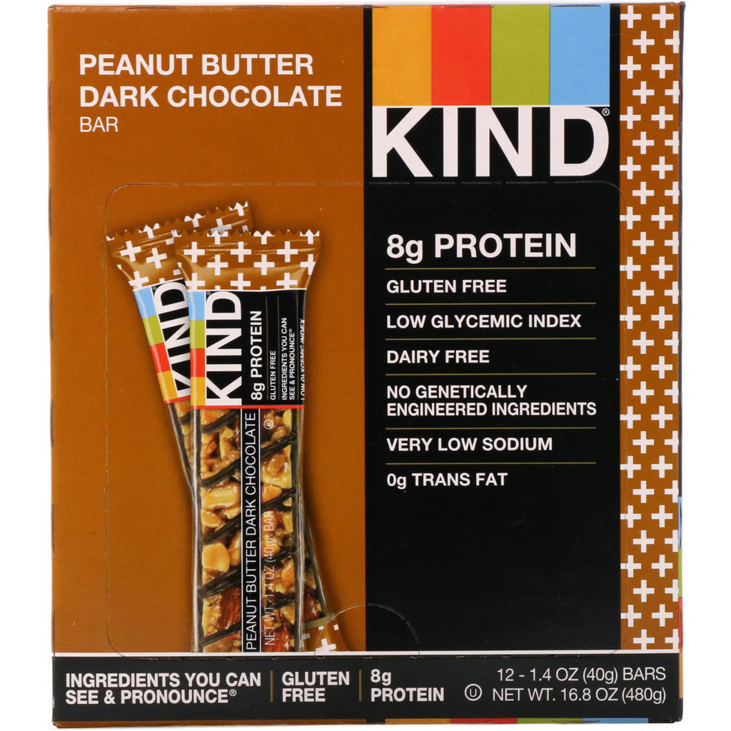 KIND Bars, Kind Plus, barra de chocolate amargo con mantequilla de maní, 12 barras, 1,4 oz (40 g) cada una
