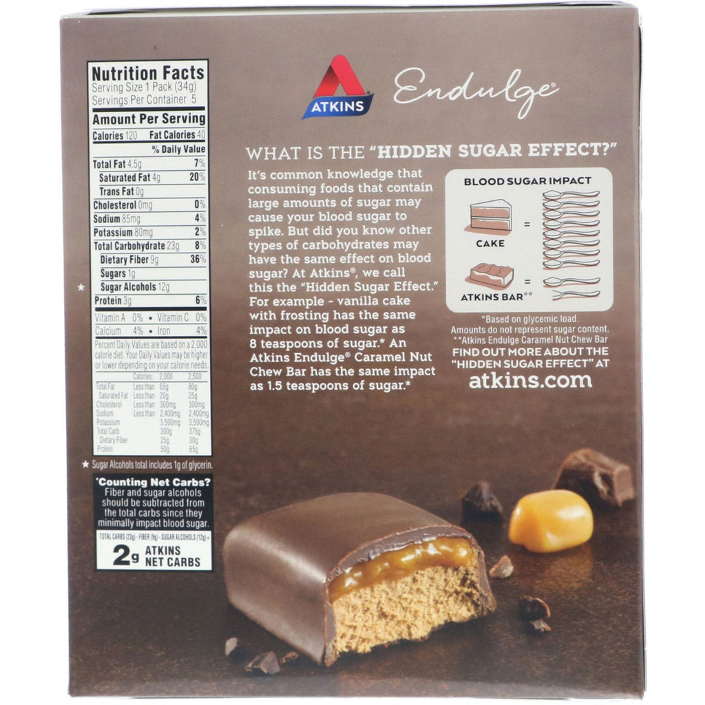 Atkins, Endulge, barra de mousse de chocolate y caramelo, 5 barras, 34 g (1,2 oz) por barra