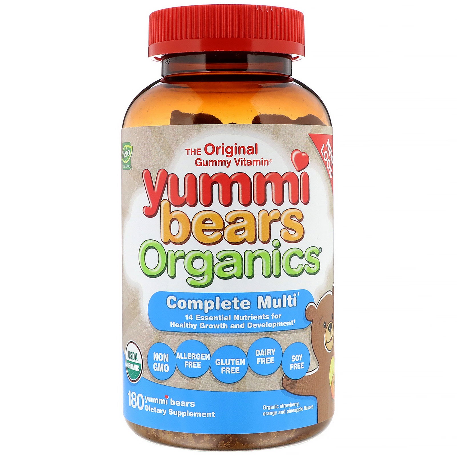 Hero Nutritional Products, Yummi Bears Organics, Complete Multi, Organic Strawberry, Orange and Pineapple Flavors, 180 Yummi Bears