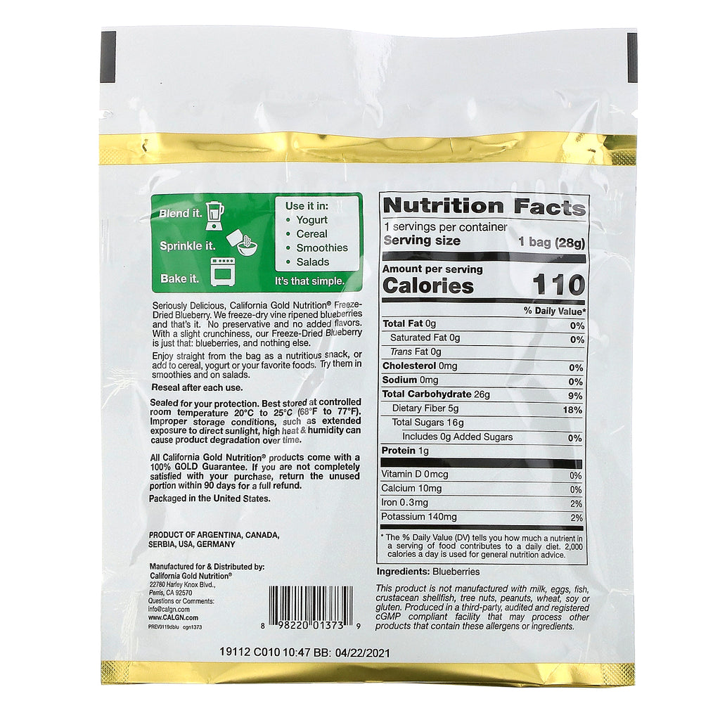 California Gold Nutrition, Arándano liofilizado, Bayas enteras liofilizadas listas para comer, 1 oz (28 g)