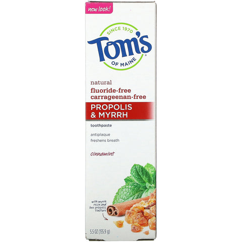 Tom's of Maine, Pasta de dientes natural antiplaue, propóleo y mirra, sin flúor, canela, 5,5 oz (155,9 g)